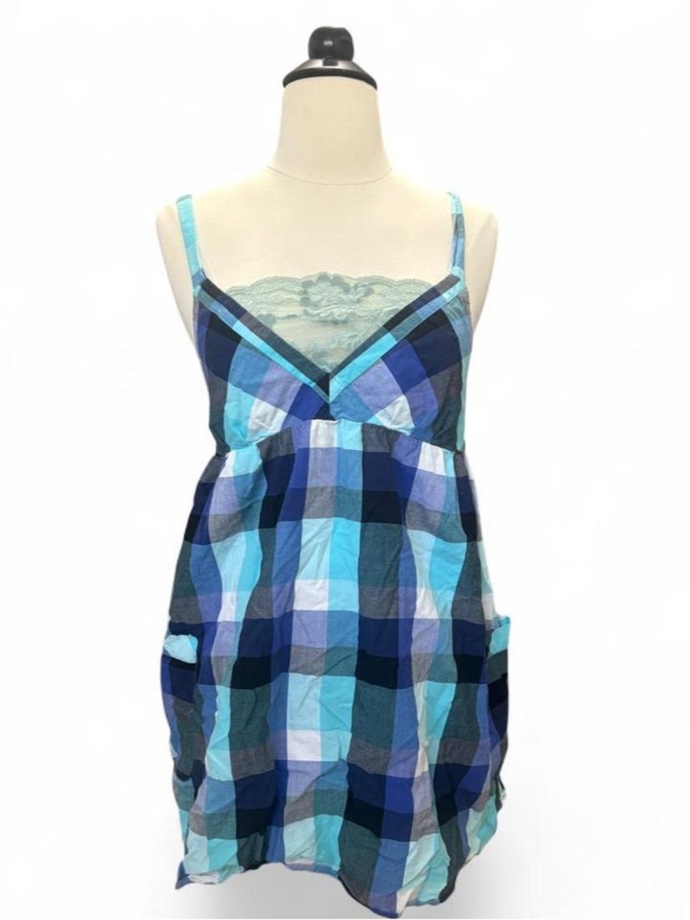 Blue Plaid Spaghetti-Strap Babydoll dress with Lace Trim
